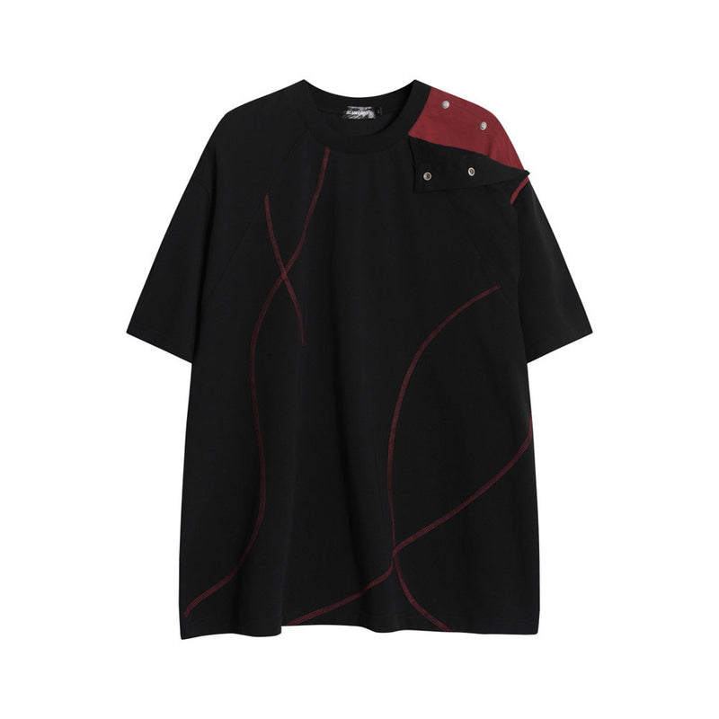 Oversized Irregular Stitch Contrast Snap-Shoulder T-Shirt