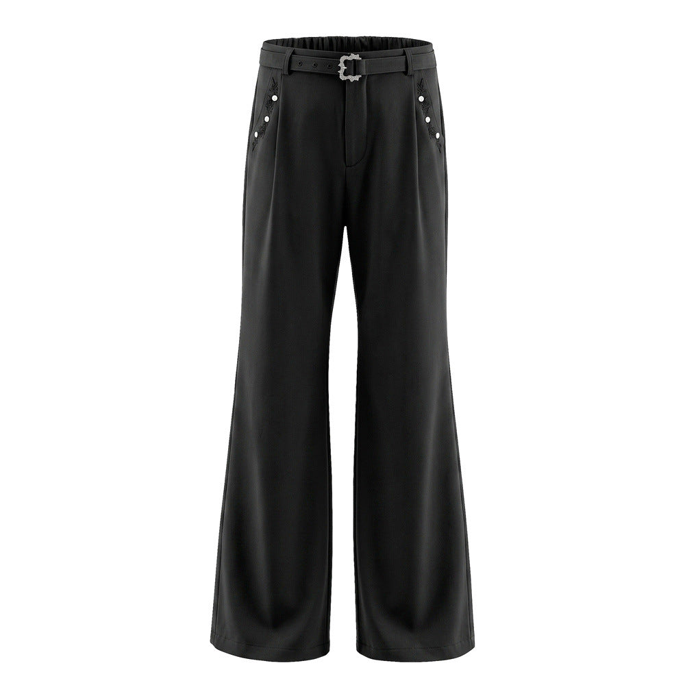 Pantalon ample rayé pour homme avec broderies florales et ceinture
