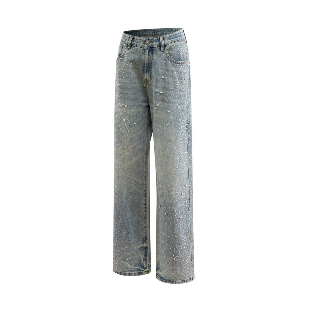 Men's Straight Leg Jeans with All-Over Rhinestone Embellishment – Wide Leg