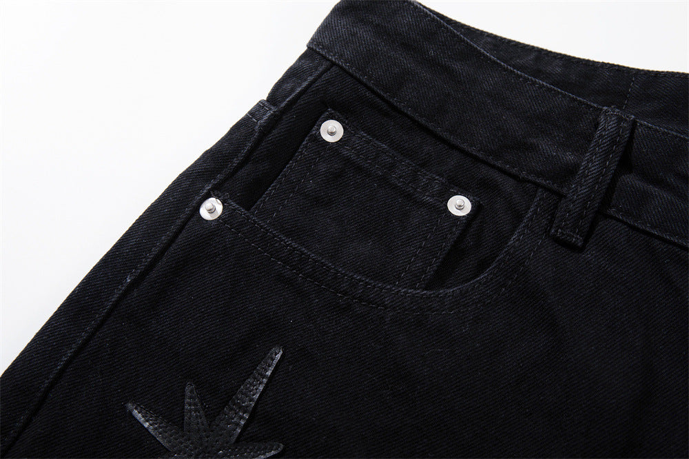Wide-Leg Jeans with Chaotic Needle Embroidery & Star Patches