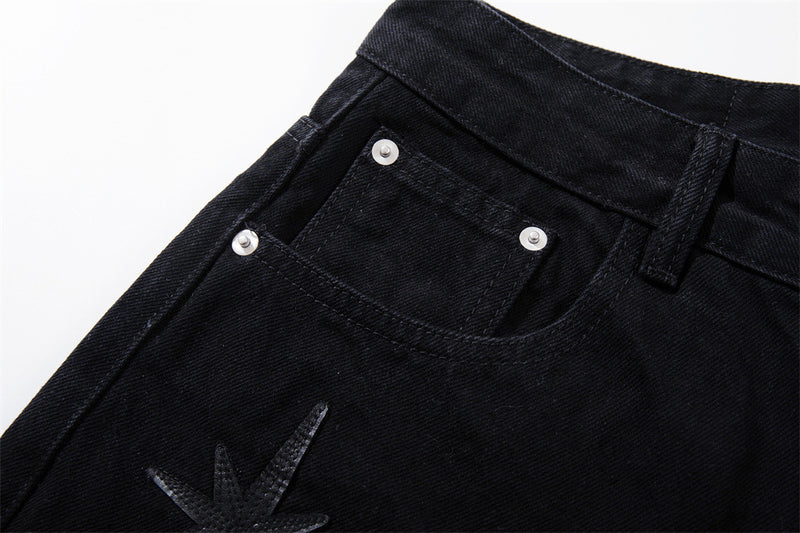Wide-Leg Jeans with Chaotic Needle Embroidery & Star Patches