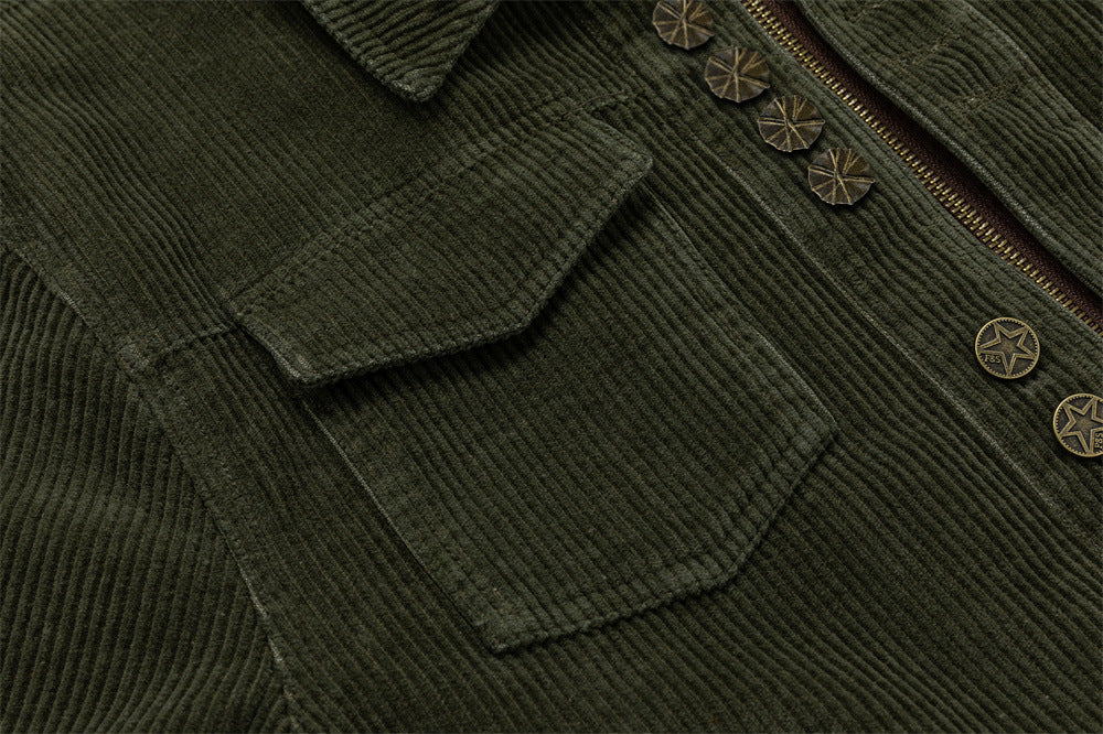 Men's Army Green Corduroy Jacket with Metal Buttons & Layered Hem Detail