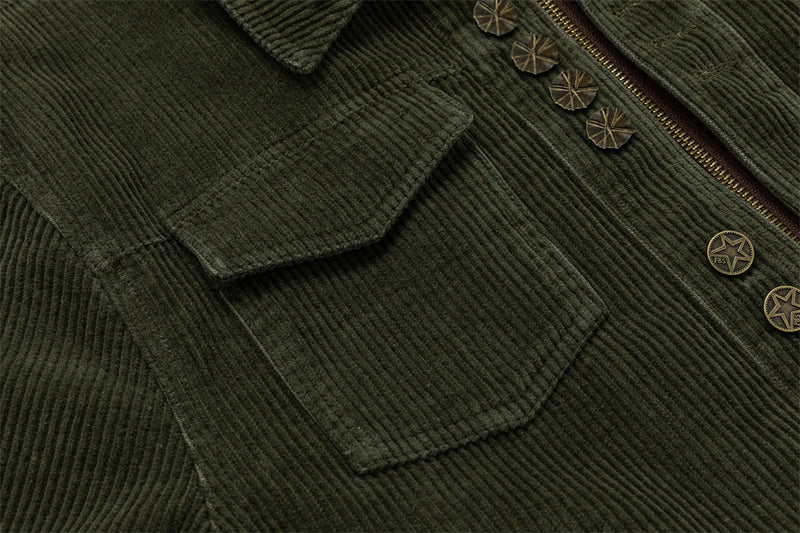 Men's Army Green Corduroy Jacket with Metal Buttons & Layered Hem Detail