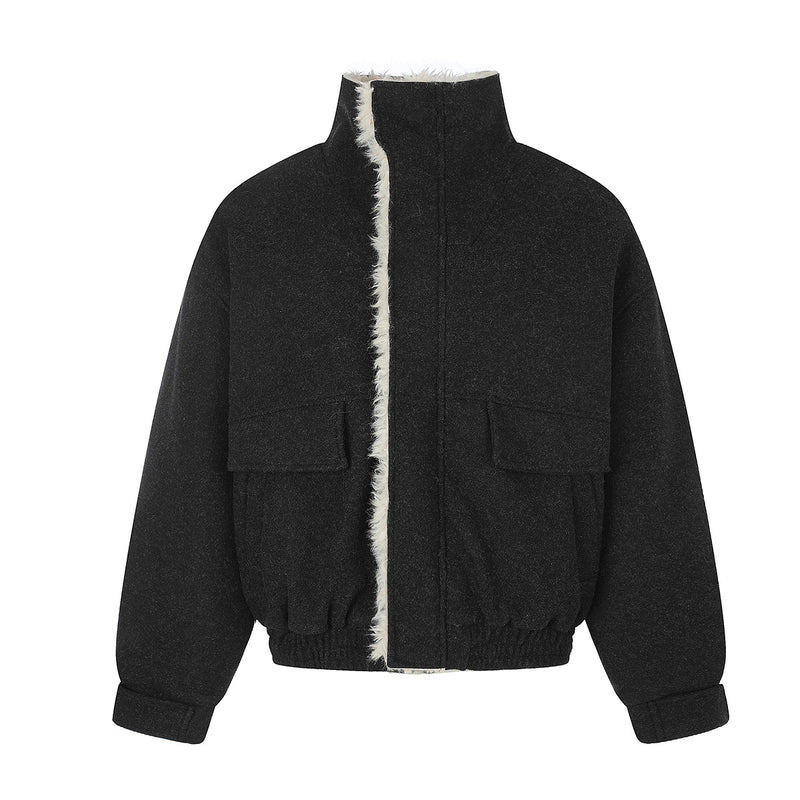 Wool-Blend Bomber Jacket with Sherpa Lining and Fleece Collar Trim