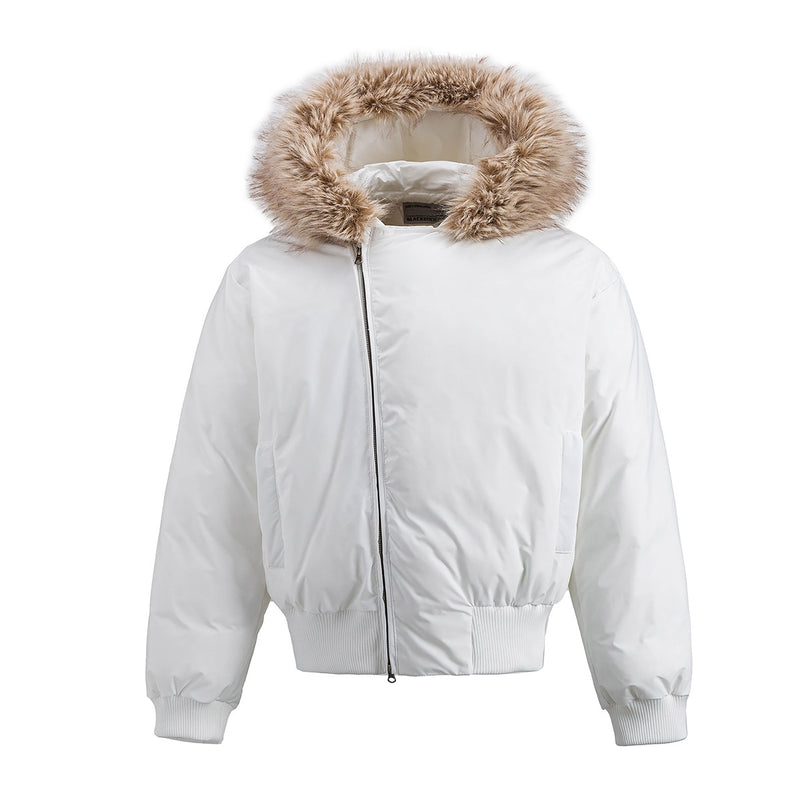 Fur-Trim Hooded Puffer Bomber Jacket – Cropped Padded Winter Coat