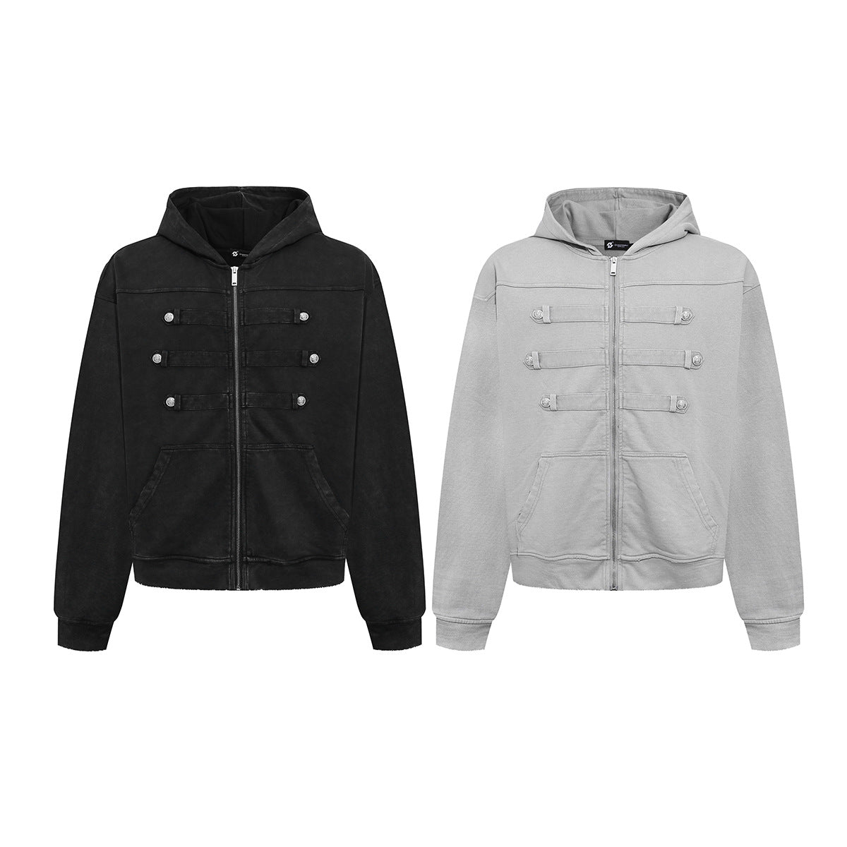 Military Napoleon Zip-Up Hoodie – Washed Vintage Fleece Cardigan