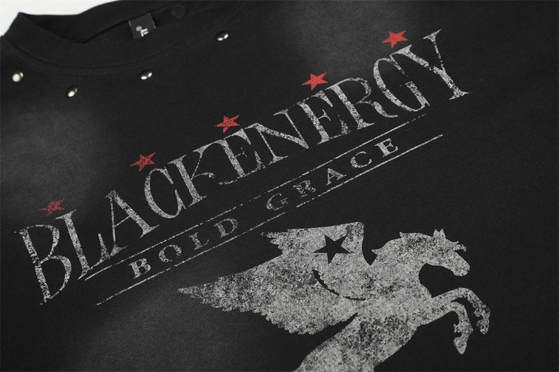 Herren-Grafikshirt Langarm mit Pegasus-Print, verwaschen, Distressed-Rundhals-Shirt