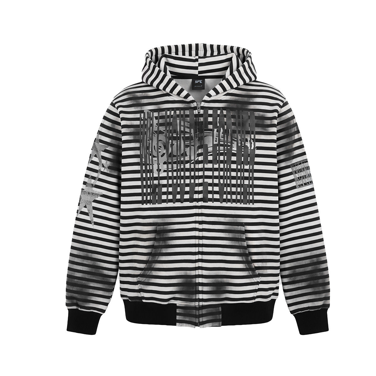 Striped Zip-Up Hoodie – Distressed Dark Streetwear with Music Graphic Print