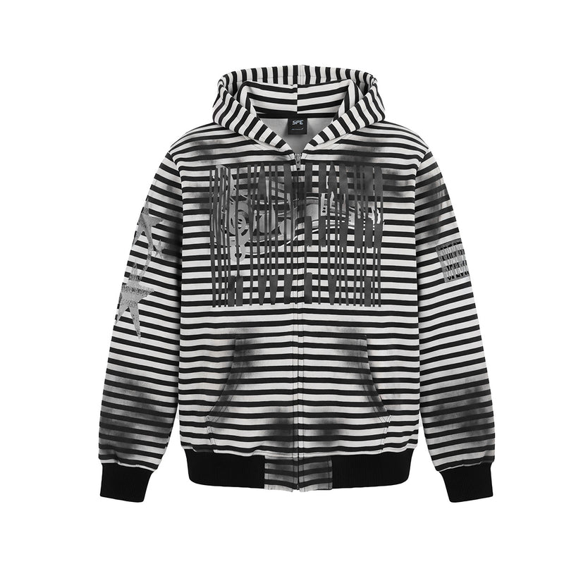 Striped Zip-Up Hoodie – Distressed Dark Streetwear with Music Graphic Print