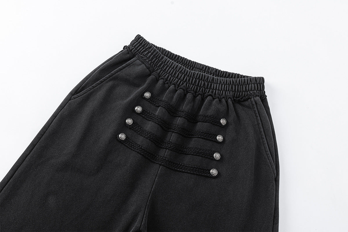 Wide-Leg Sweatpants with Military Braid & Button Detail, Washed Black