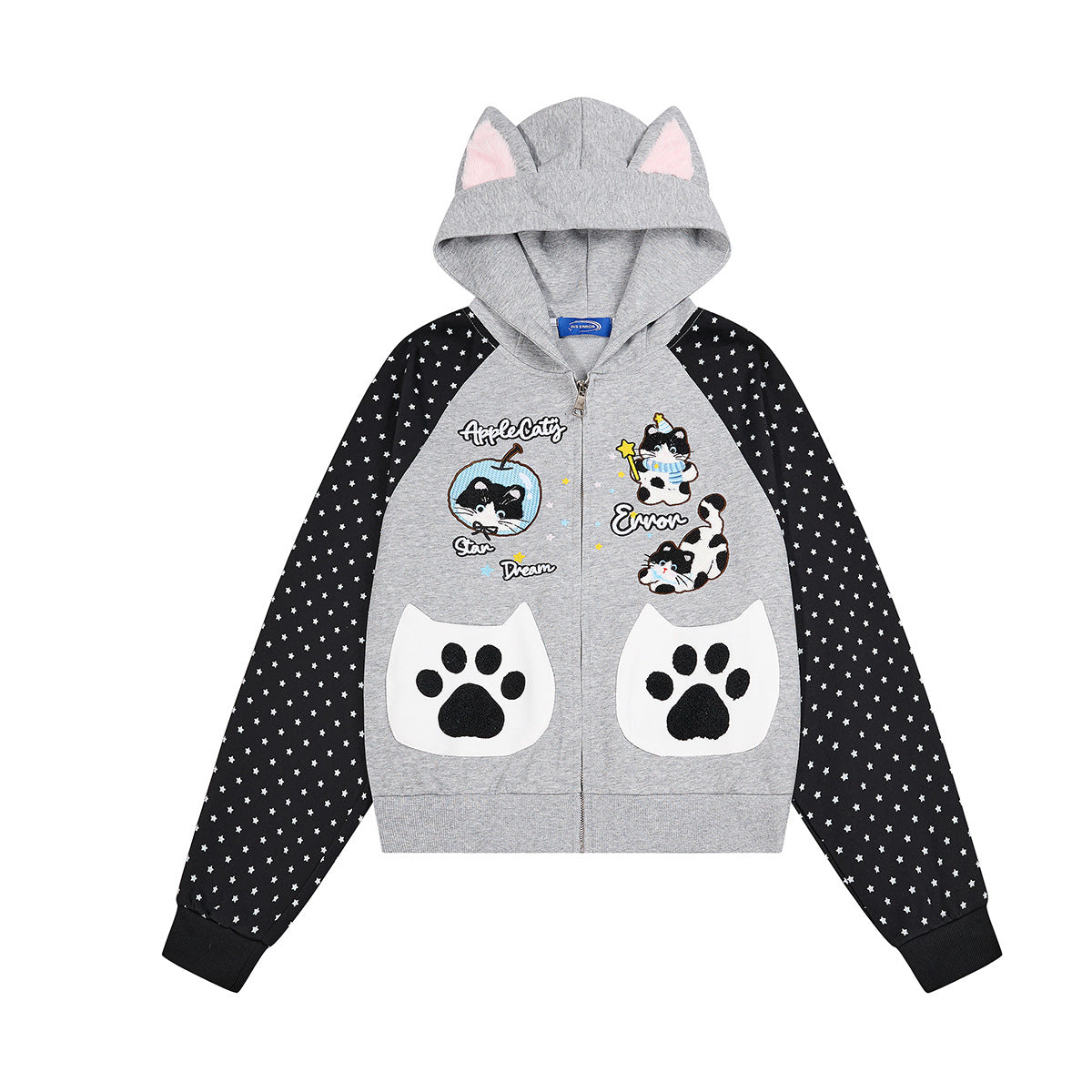 Sweat à capuche zippé à oreilles de chat, gris chiné, manches raglan noires imprimées étoiles et poches avant en forme de pattes de chat