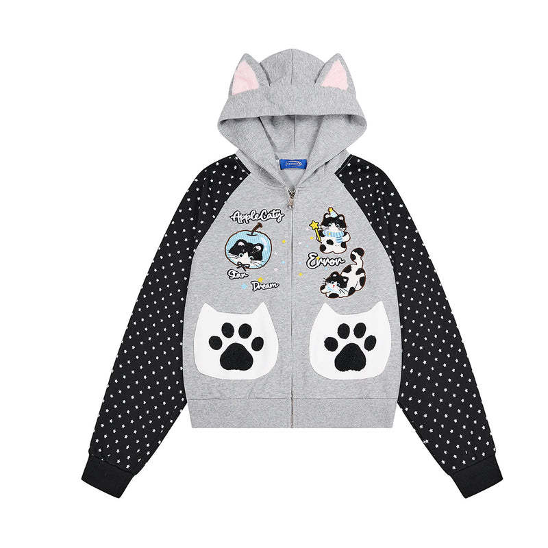 Sweat à capuche zippé à oreilles de chat, gris chiné, manches raglan noires imprimées étoiles et poches avant en forme de pattes de chat