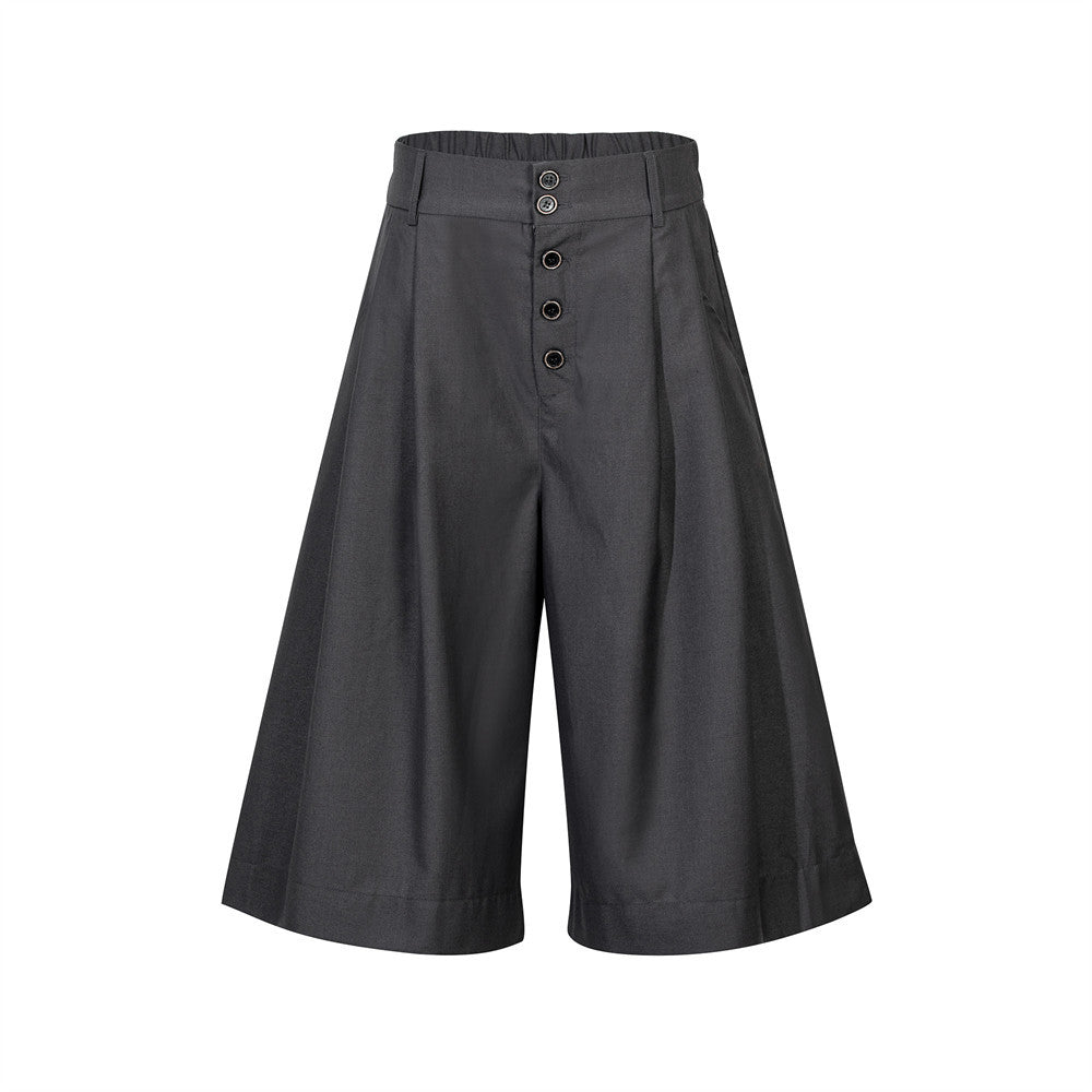 Wide-Leg Pleated Culottes Shorts with Button Fly