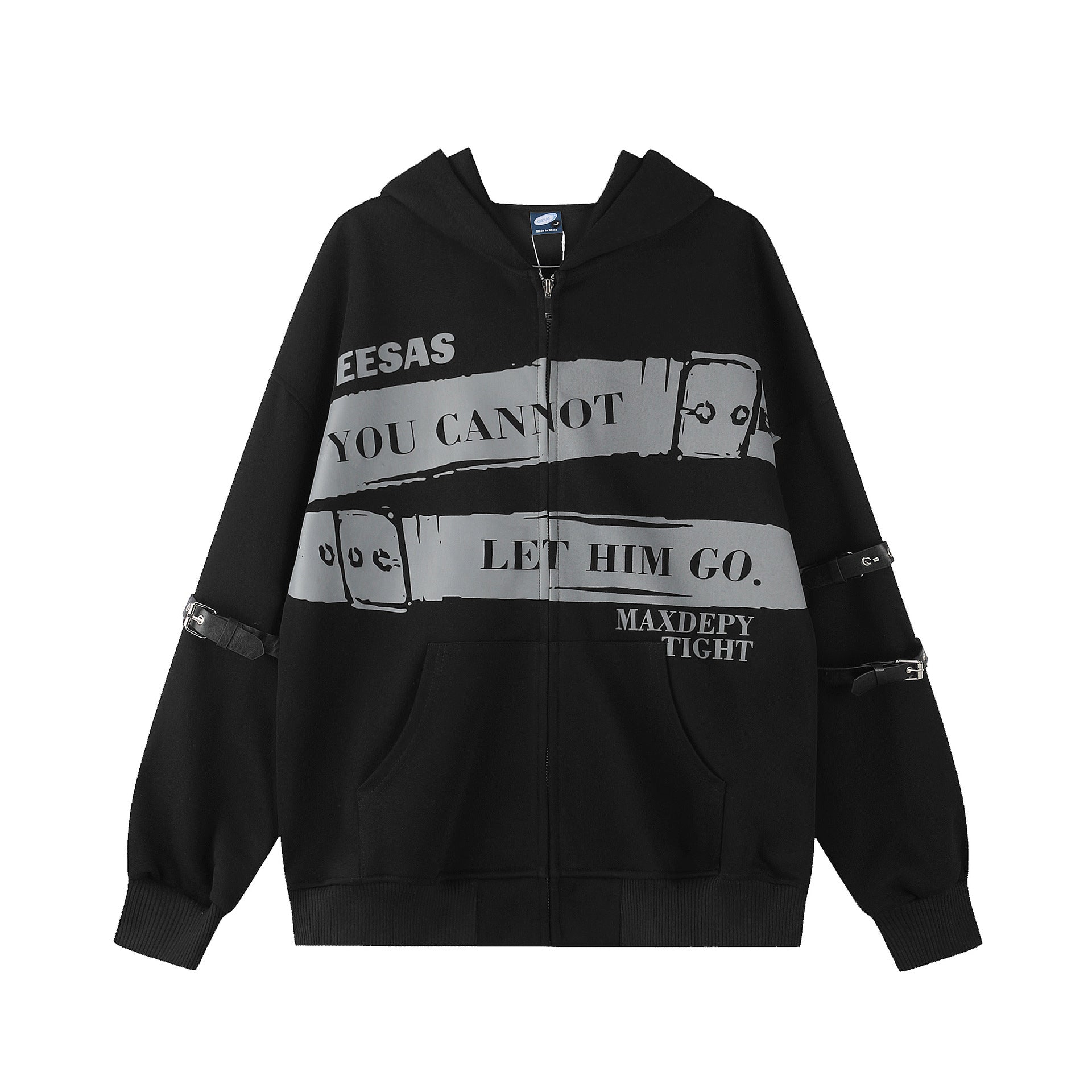 Hoodie zippé intégral avec sangles à boucles en similicuir punk et imprimé graphique