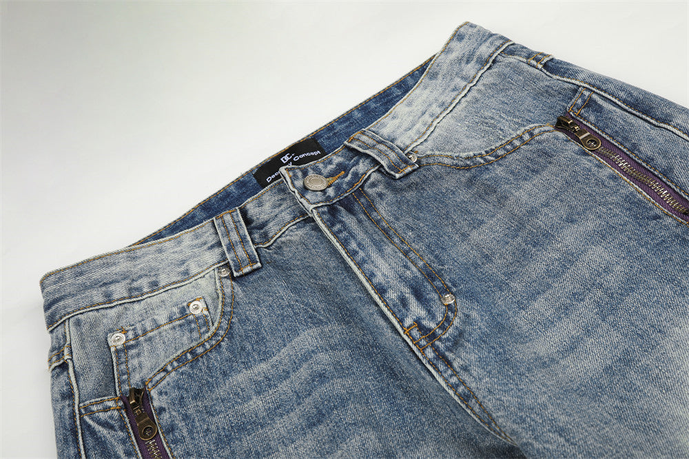 Jean baggy à jambes larges – Denim bleu délavé homme, coupe droite avec poche zippée