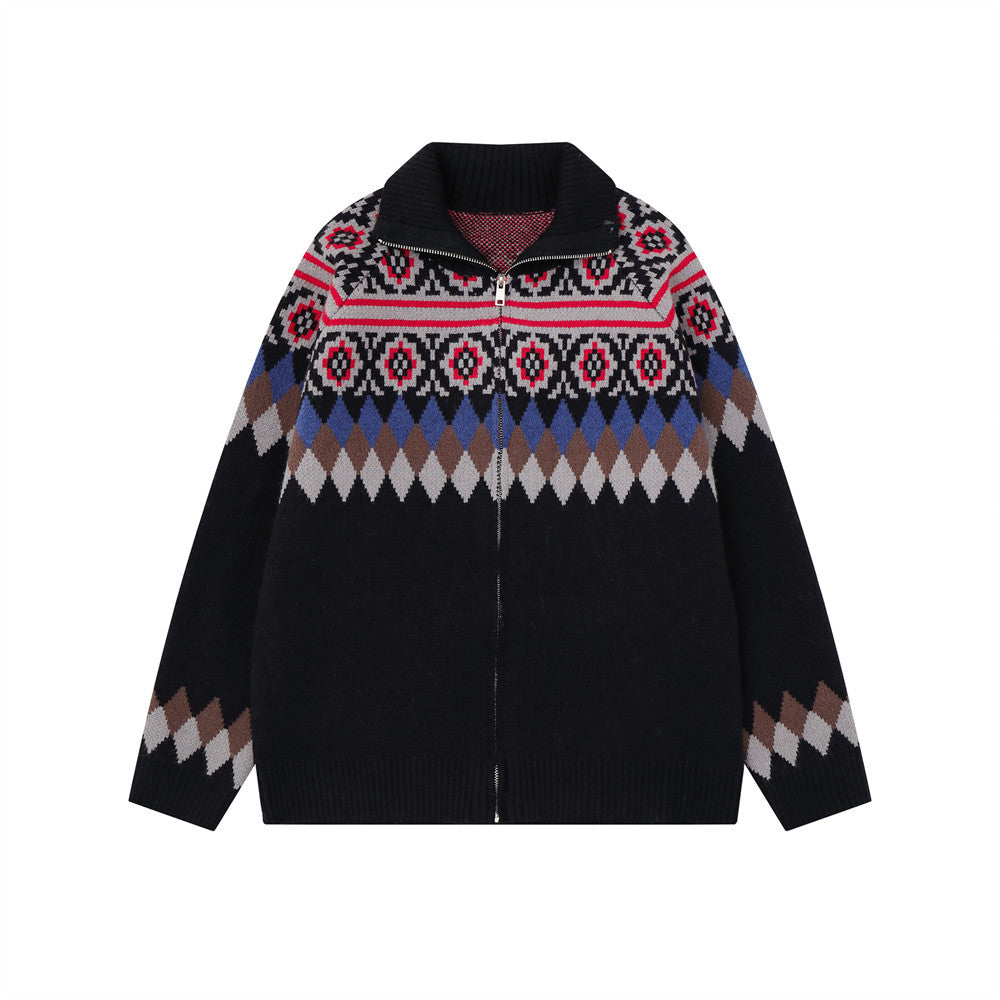 Men's Ethnic Jacquard Zip-Up Knit Cardigan Sweater – Argyle & Floral Pattern