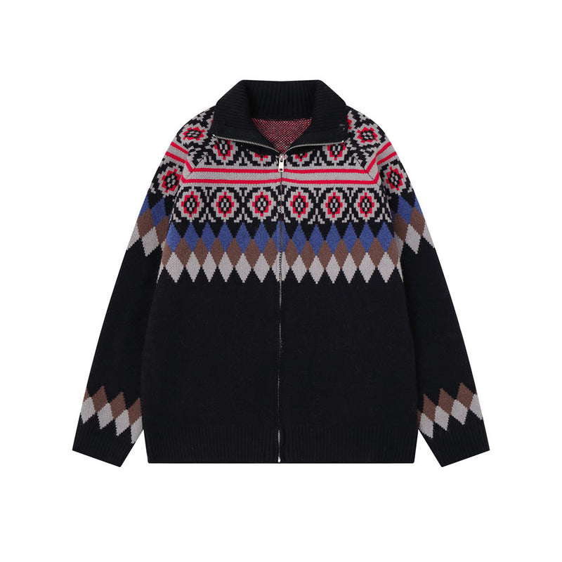 Men's Ethnic Jacquard Zip-Up Knit Cardigan Sweater – Argyle & Floral Pattern