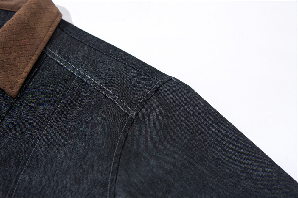 Mens Black Denim Jacket with Contrast Brown Collar & Dual Zip Closure