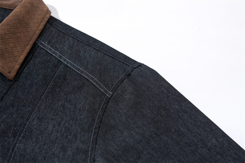 Mens Black Denim Jacket with Contrast Brown Collar & Dual Zip Closure