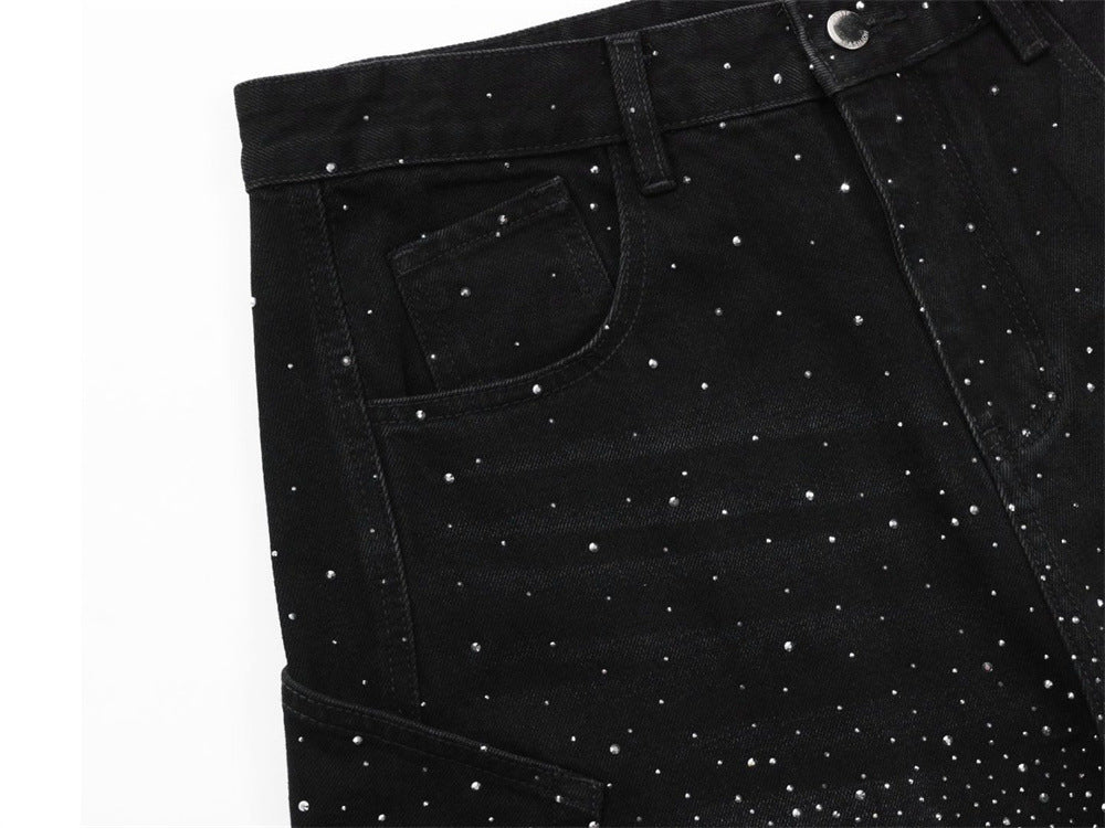 Rhinestone Wide-Leg Jeans – Men's Distressed Denim with Large Cargo Pockets &