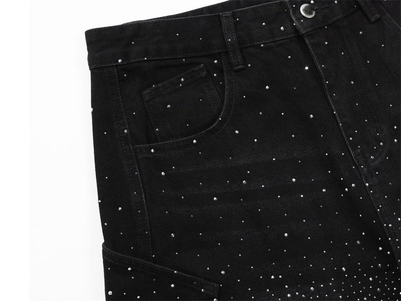 Rhinestone Wide-Leg Jeans – Men's Distressed Denim with Large Cargo Pockets &