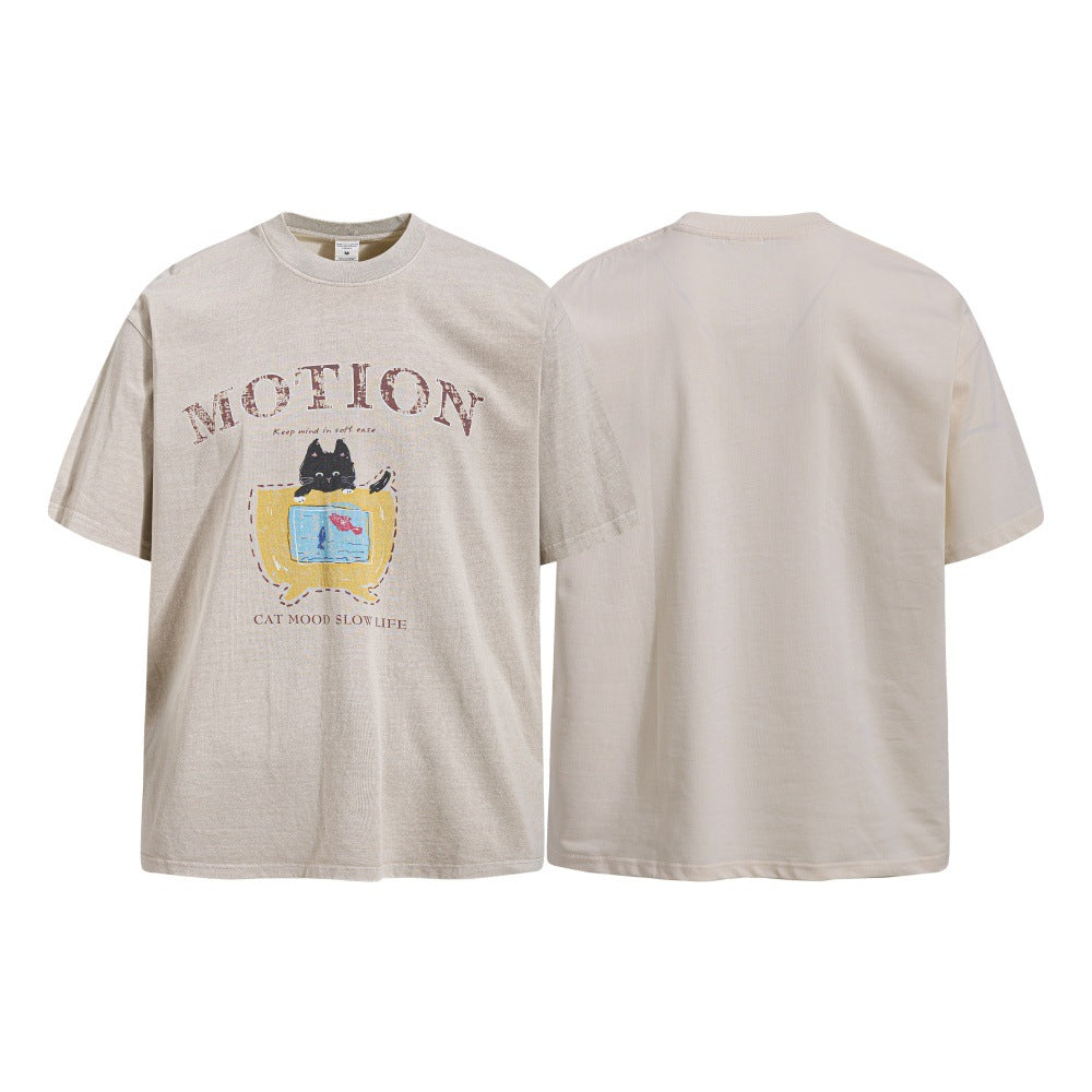 Motion Cat Mood Slow Life Graphic T-Shirt | Vintage Washed Cotton Tee