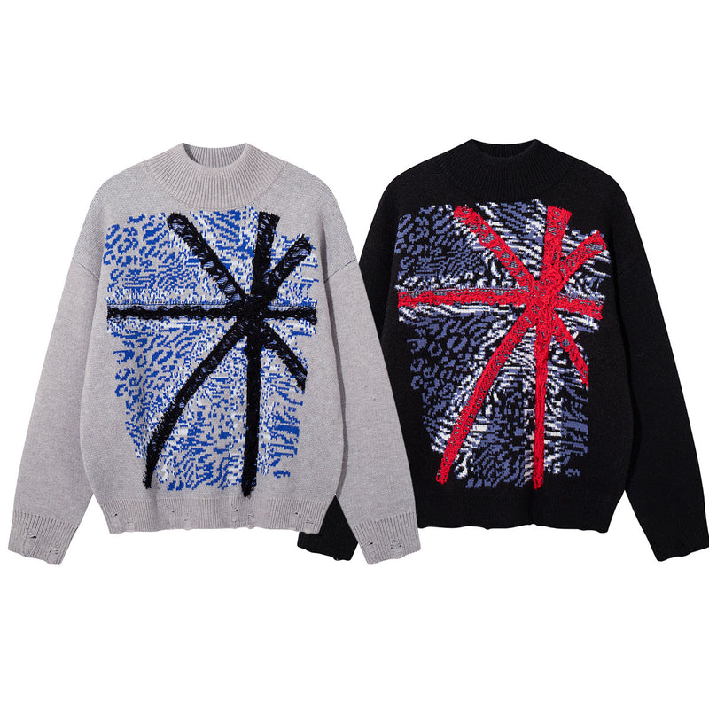 Union Jack Jacquard Knit Sweater – Oversized Crew Neck with Distressed Hem