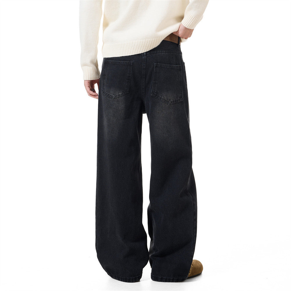 Men's Vintage Washed Wide-Leg Jeans – Relaxed Straight Fit with Horse Charm