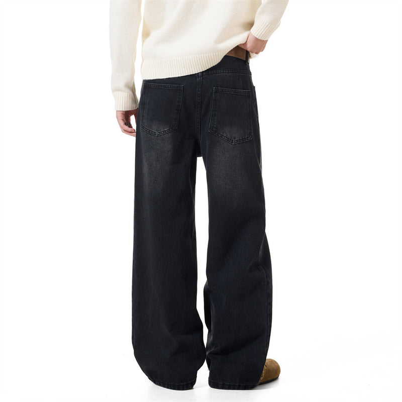Men's Vintage Washed Wide-Leg Jeans – Relaxed Straight Fit with Horse Charm
