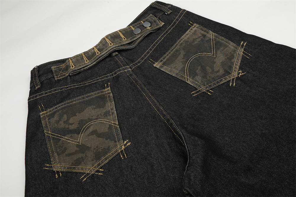 Wide-Leg Barrel Jeans – Dark Black Denim with Camo Pocket & Embroidered Graphic