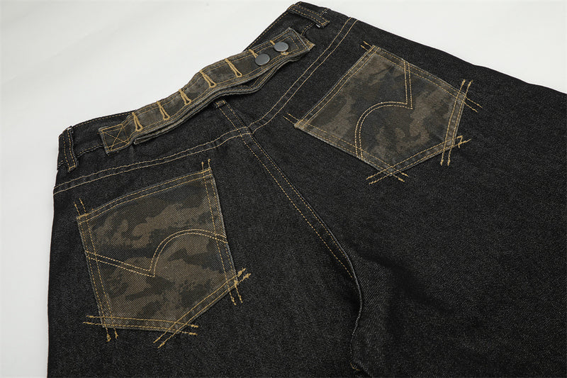 Wide-Leg Barrel Jeans – Dark Black Denim with Camo Pocket & Embroidered Graphic