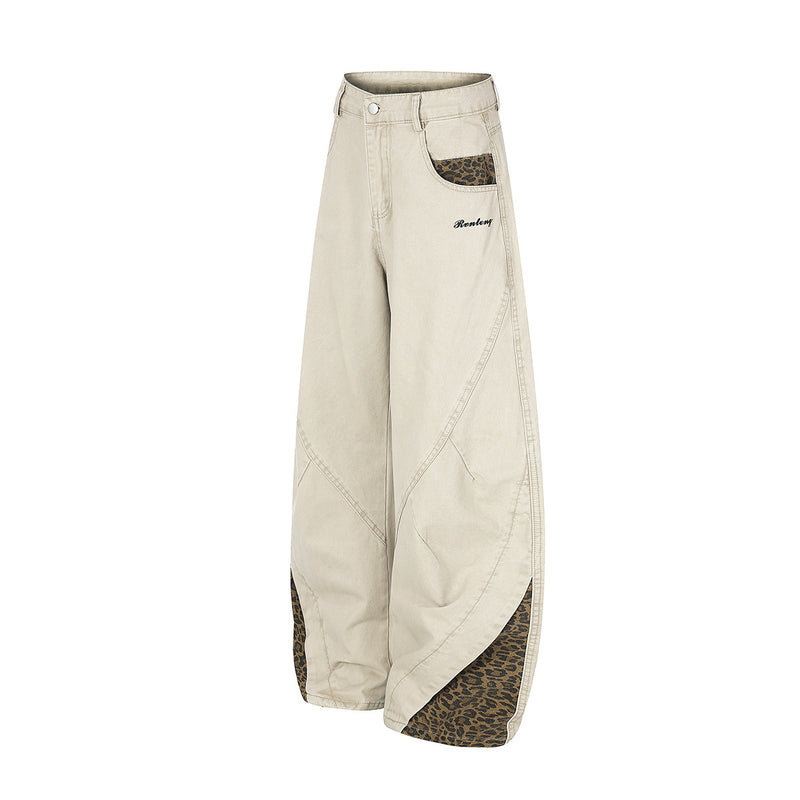 Pantalones de pierna ancha con paneles de estampado de leopardo – Pantalones banana de corte relajado