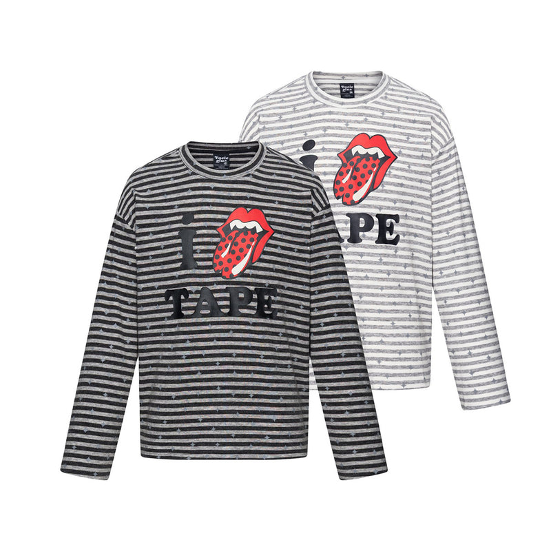 Langarmshirt mit Streifen und Sternprint sowie Rock-Lippen-und-Zunge-Grafik