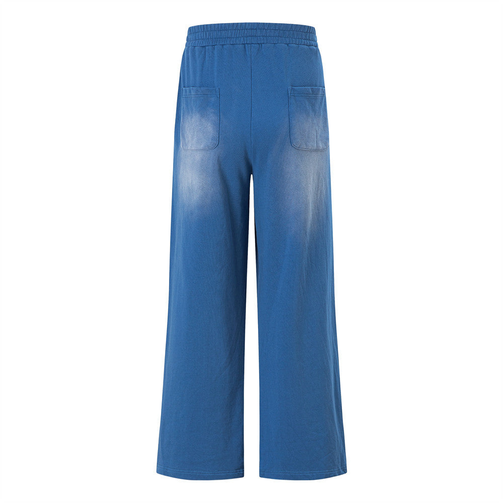 Men's Wide-Leg Sweatpants with Star & Letter Graphic Print, Acid-Wash Streetwear