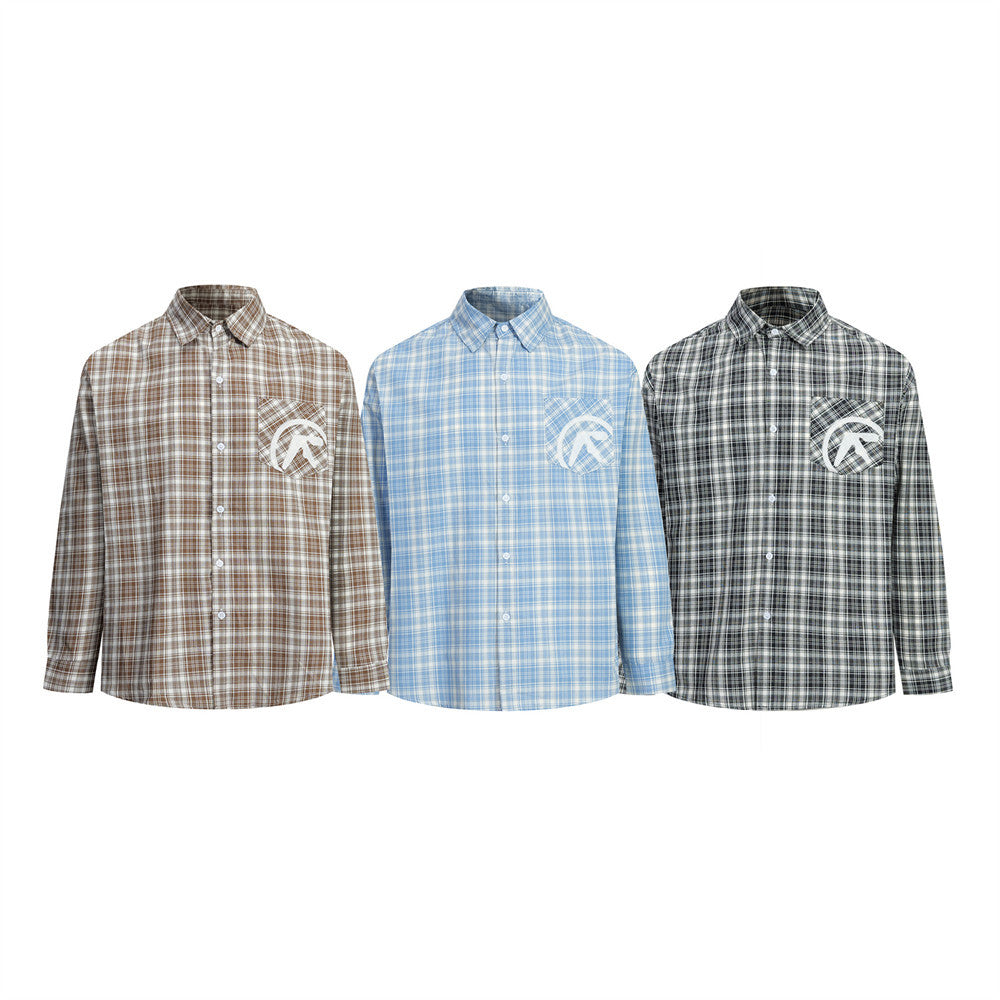 Three plaid long sleeve button-up shirts in brown, light blue, and black with chest pocket embroidery