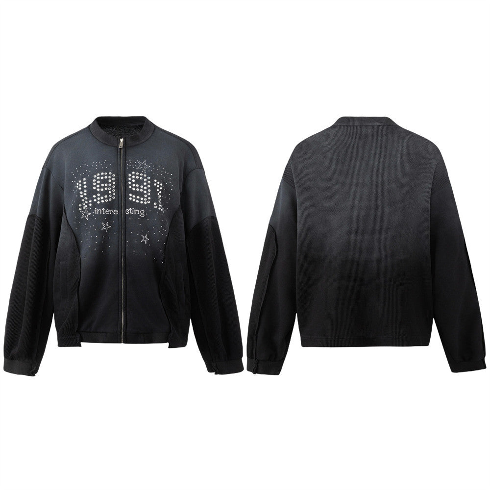 Black Bomber Jacket with Rhinestone Number Print & Mixed-Texture Panels