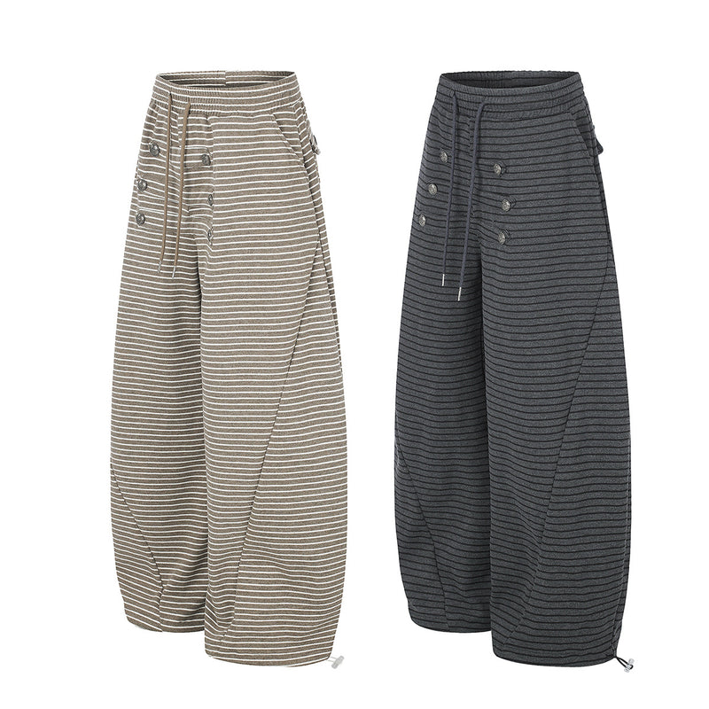 Wide-Leg Striped Sweatpants with Double-Button Detail & Drawstring Waist