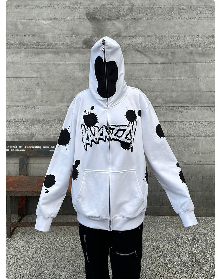 Monochrome Ink Splatter Hoodie - 400GSM Oversized White and Black Zip-Up Streetwear Sweatshirt