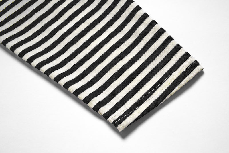 Long Sleeve Faux-Layered Graphic Shirt with Black & White Striped Sleeves