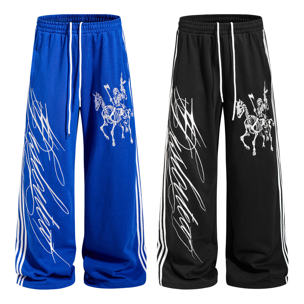 Wide-Leg Track Pants with Skeleton Rider Print and Side Stripe Detail