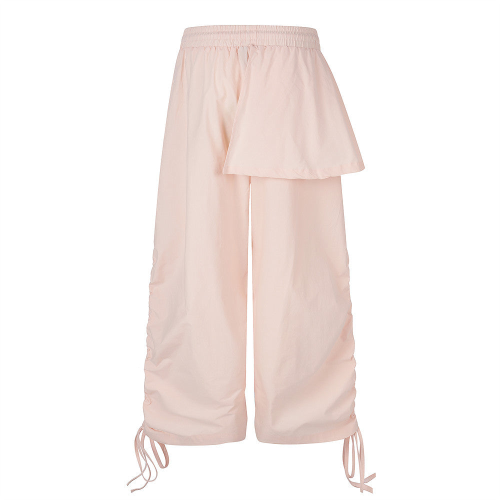 Wide-Leg Parachute Pants with Ruched Side Drawstring & Layered Flap Detail