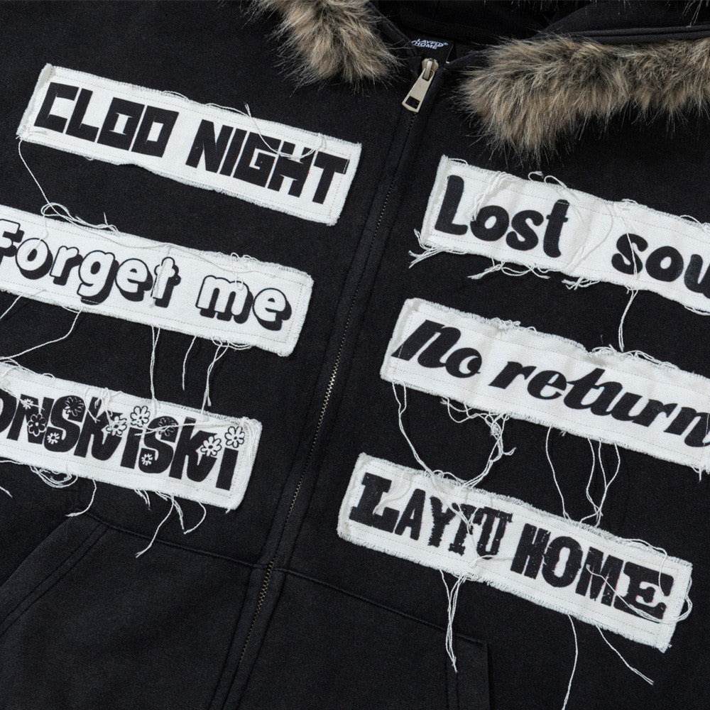 Fur Trim Zip-Up Hoodie with Letter Patch Appliqué and Washed Finish