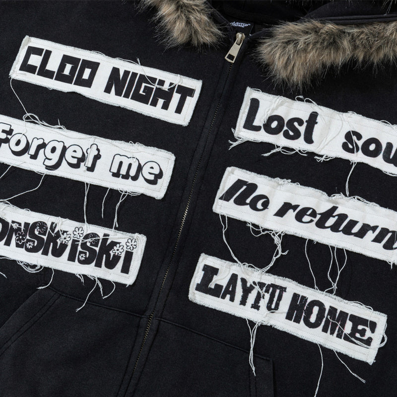 Fur Trim Zip-Up Hoodie with Letter Patch Appliqué and Washed Finish