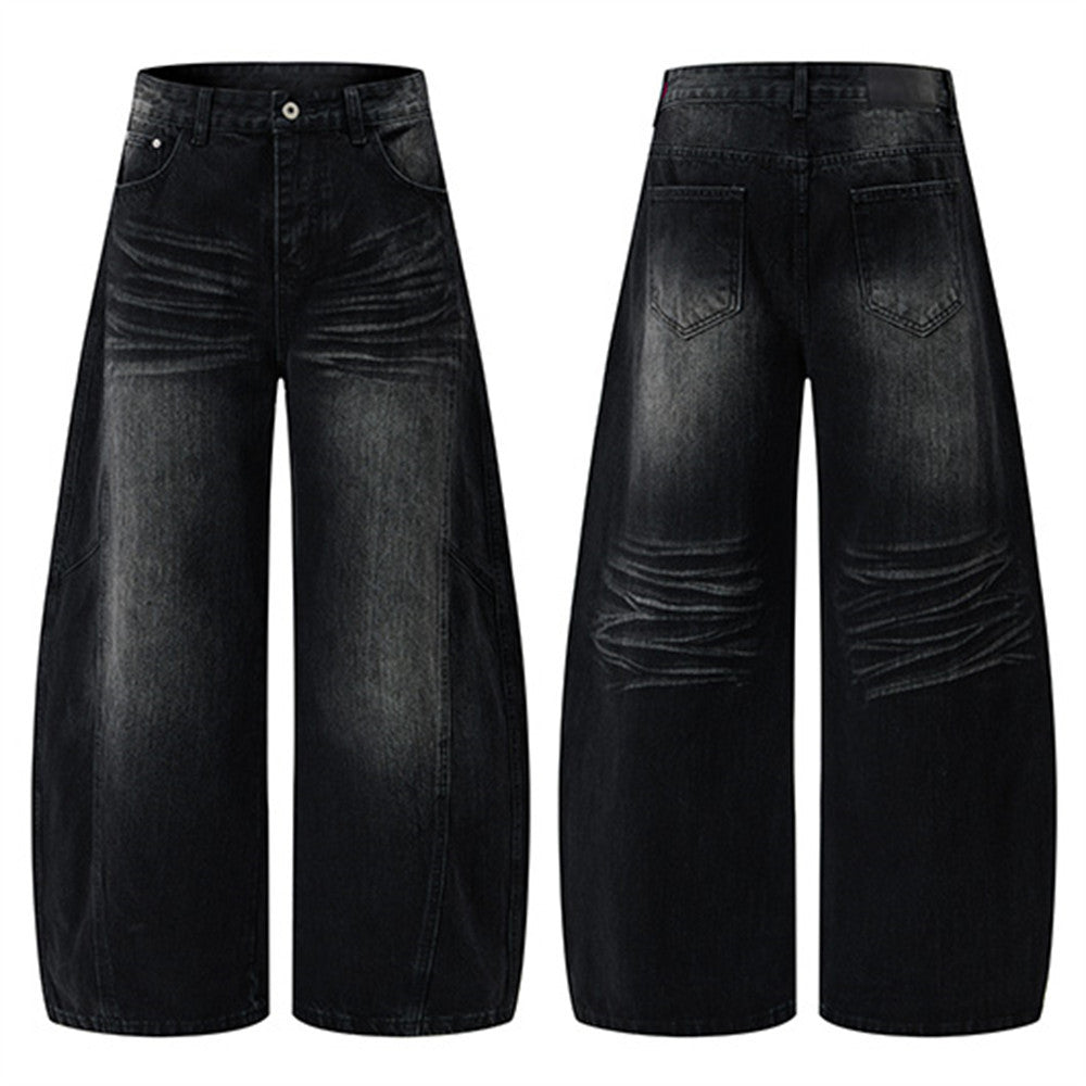 Men's black baggy wide-leg washed distressed jeans with curved silhouette, front and back view
