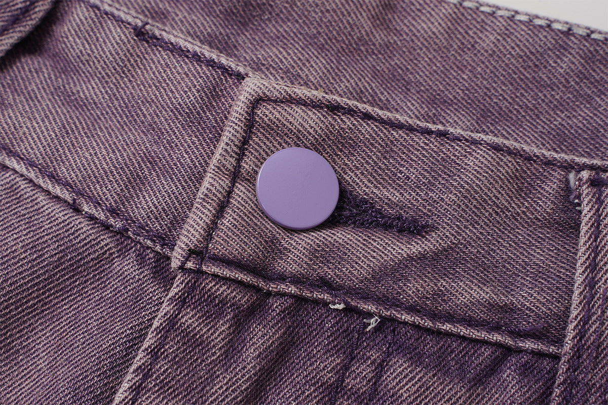 Jean taille haute à jambe large – Pantalon barrel en denim violet délavé à l’acide, imprimé graffiti