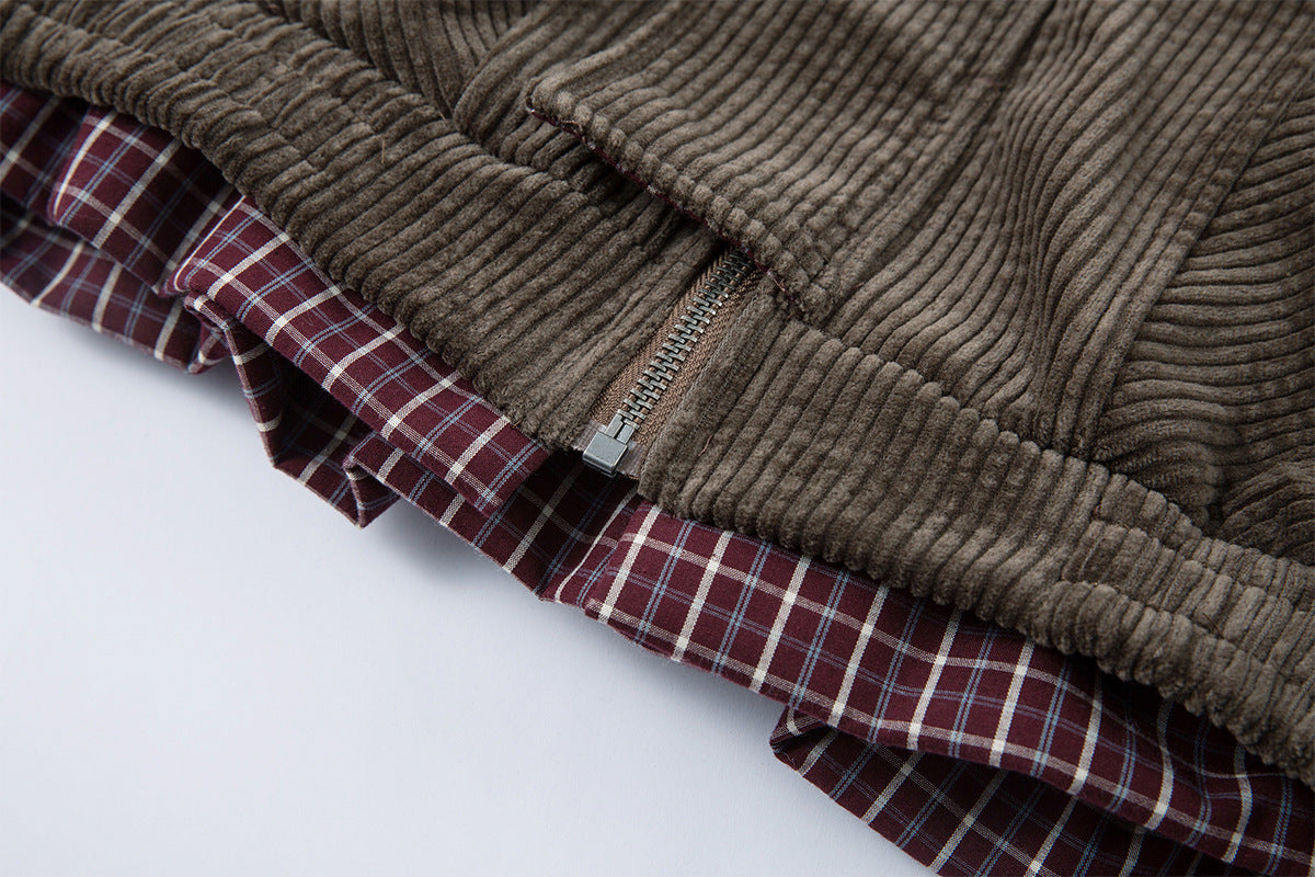 Corduroy Boxy Jacket with Plaid Contrast Lining – Retro American Style