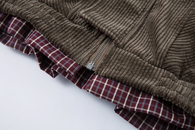 Corduroy Boxy Jacket with Plaid Contrast Lining – Retro American Style
