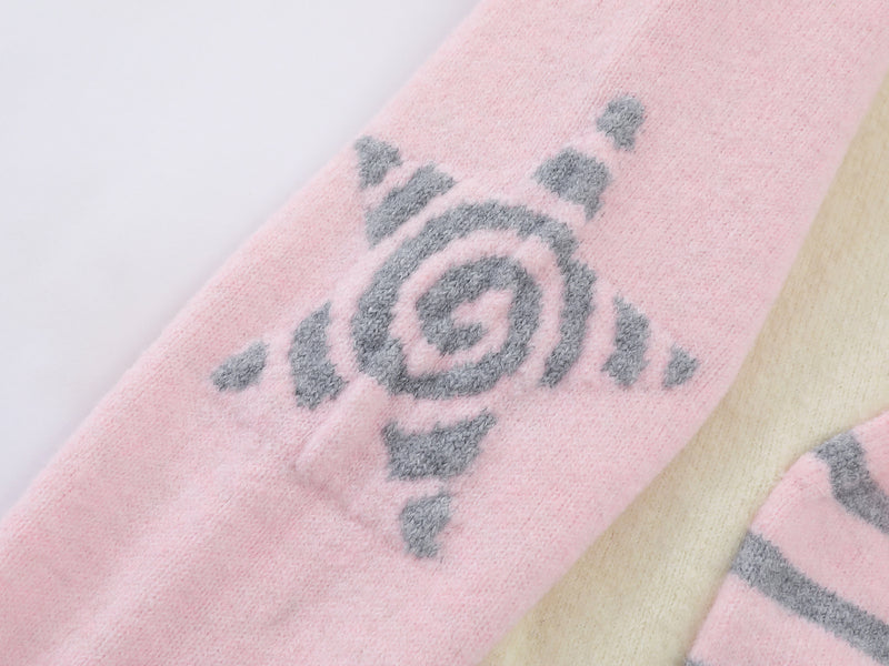 Cartoon Cat Knit Zip-Up Hoodie – Striped Colorblock Cardigan Sweater