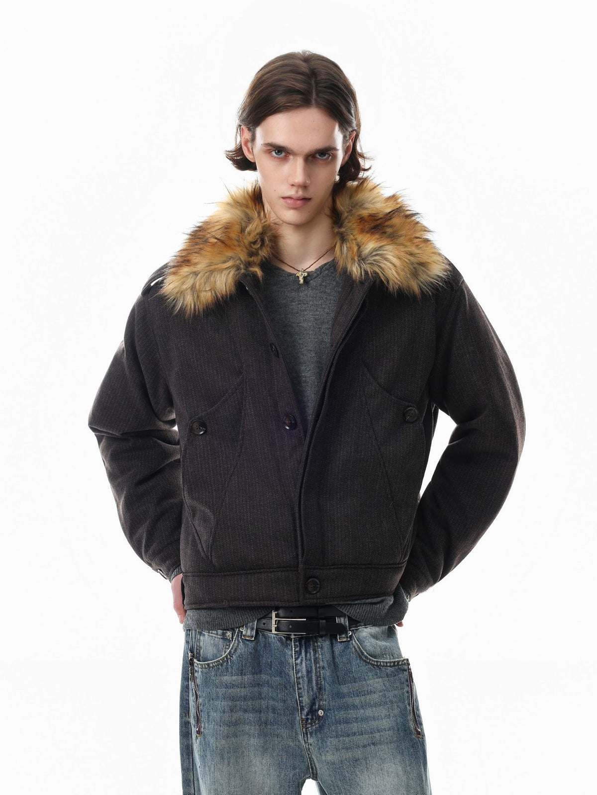 Dark charcoal padded bomber jacket with detachable golden-brown faux-fur collar, front and back view