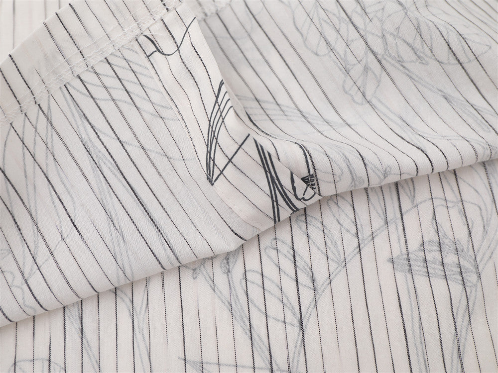 Striped Long Sleeve Shirt Men — Botanical Line Art Print, Relaxed Fit